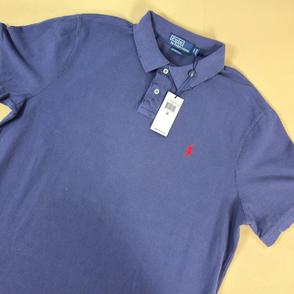 Polo Ralph Lauren Polo Shirt Mens XL Navy Blue Custom Slim Fit NWT Distressed